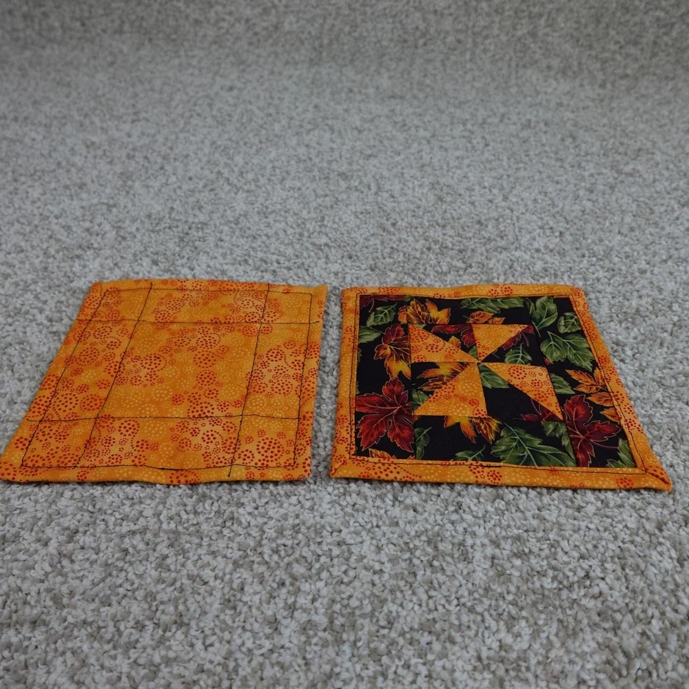 Handmade Quilted Mug Rug Set 2 Dark Fall Leaves Pinwheel Cotton Coasters 6.5in